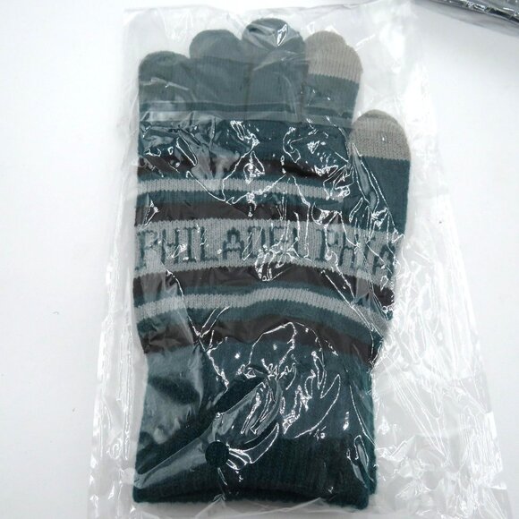 Philadelphia Winter Knit Beanie Hat Gloves Scarf Set Green Gray Striped Pom Mens - Picture 3 of 5
